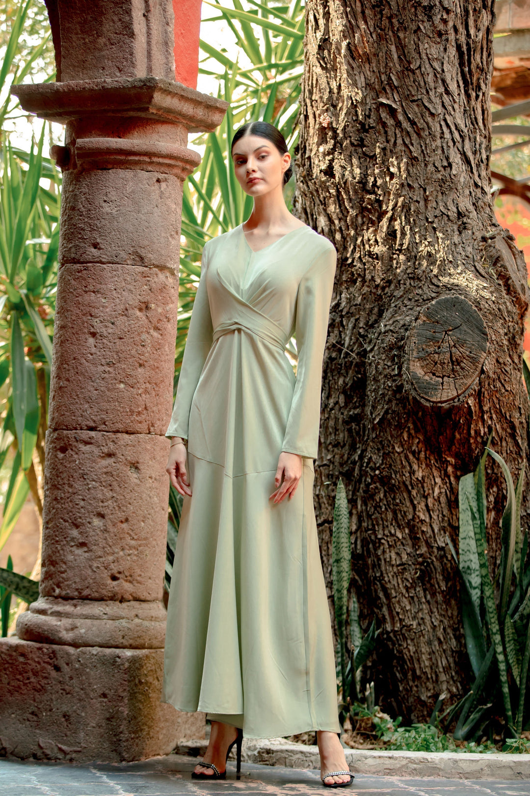 Urban Modesty - Sage Green Criss Cross Satin Long Sleeve Maxi Dress