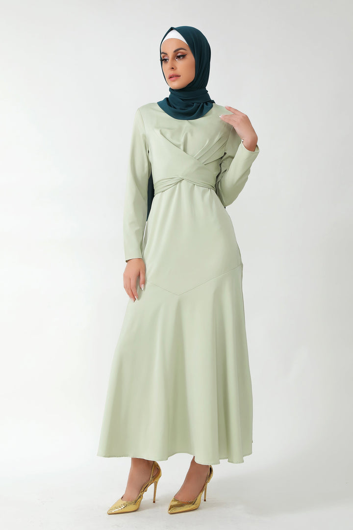 Sage Green Criss Cross Satin Long Sleeve Maxi Dress-CLEARANCE