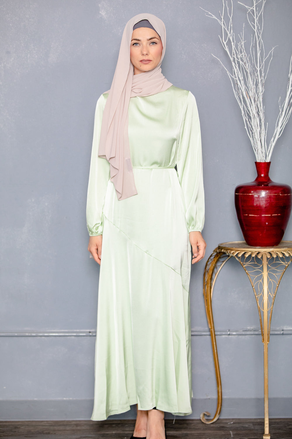 Urban Modesty - Sage Green Satin Long Sleeve Maxi Dress-CLEARANCE
