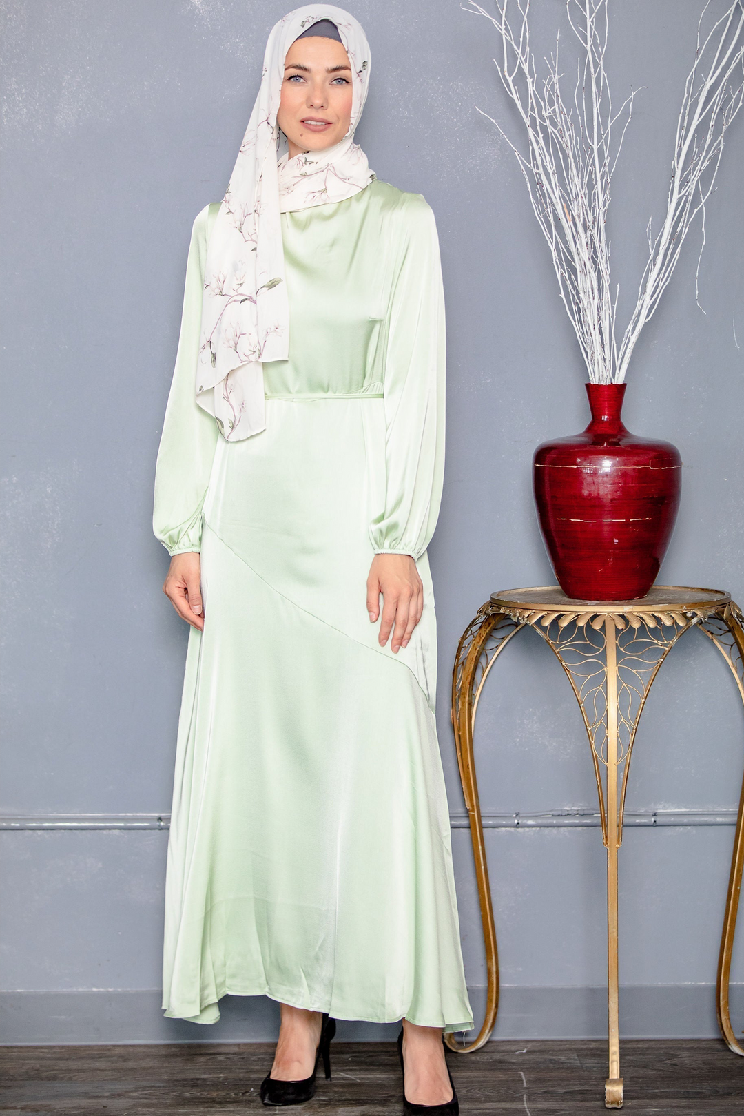 Urban Modesty - Sage Green Satin Long Sleeve Maxi Dress-CLEARANCE