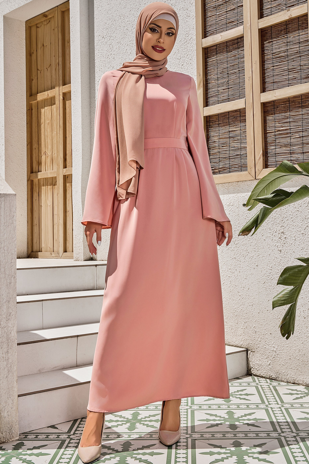 Urban Modesty - Salmon Satin Kimono Sleeves Maxi Dress