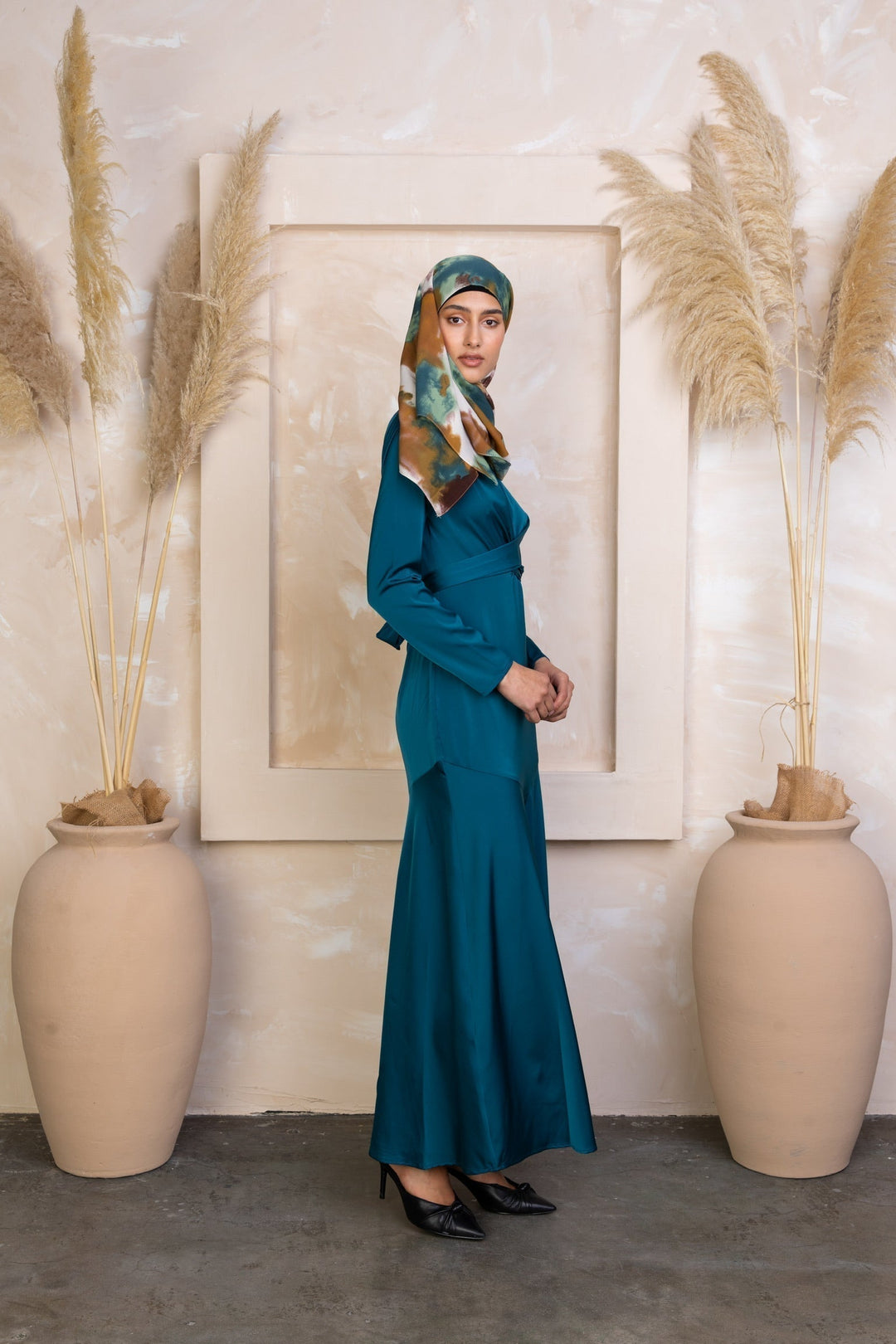 Urban Modesty - Sapphire Criss Cross Satin Long Sleeve Maxi Dress