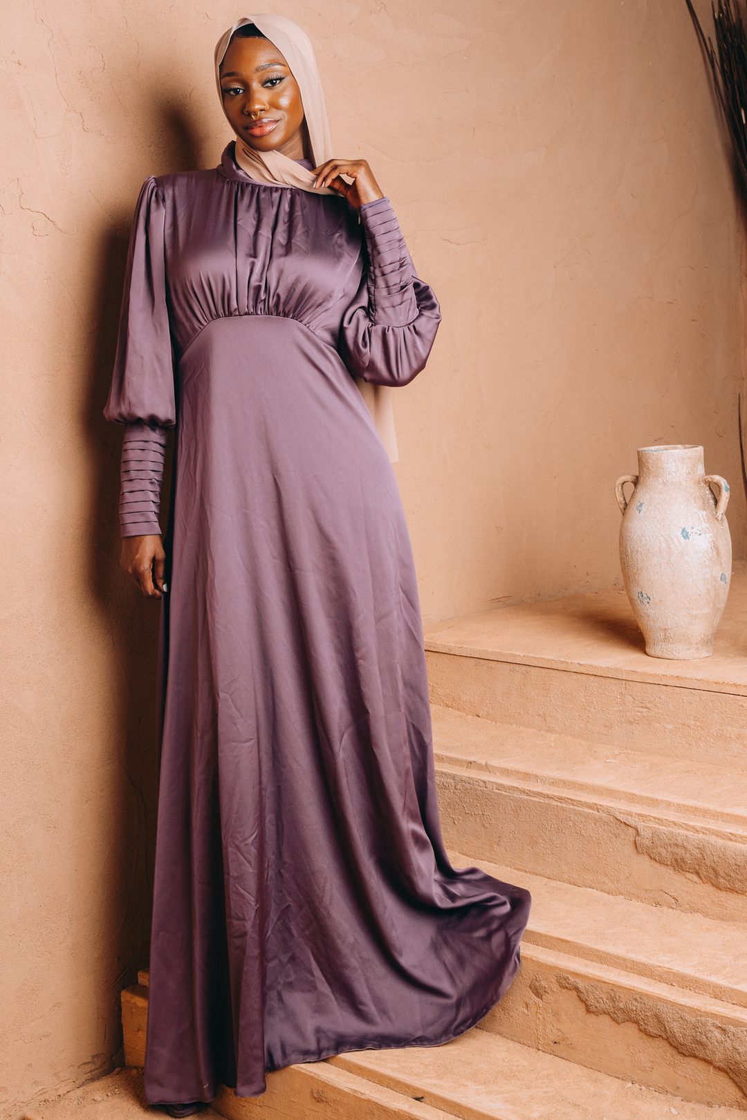 Urban Modesty - Satin Ruched Top and Sleeves Gown