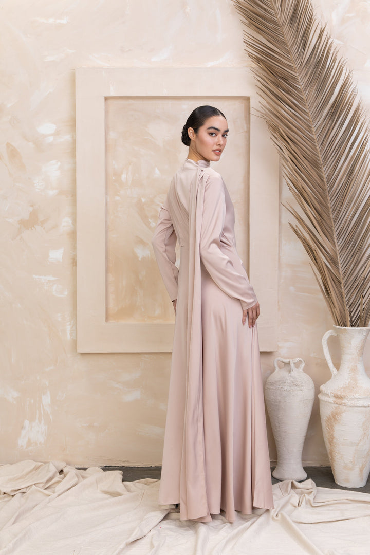 Urban Modesty - Satin Shoulder Cape Long Sleeve Gown