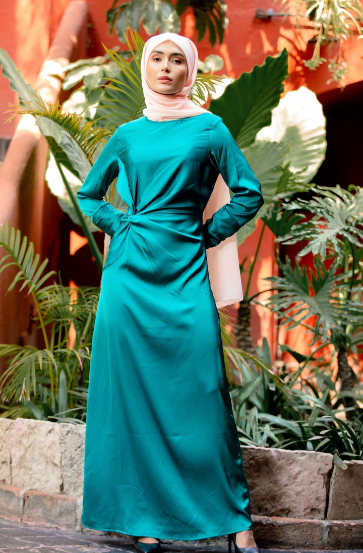 Urban Modesty - Satin Side Knot Ruched Sleeves Maxi Dress