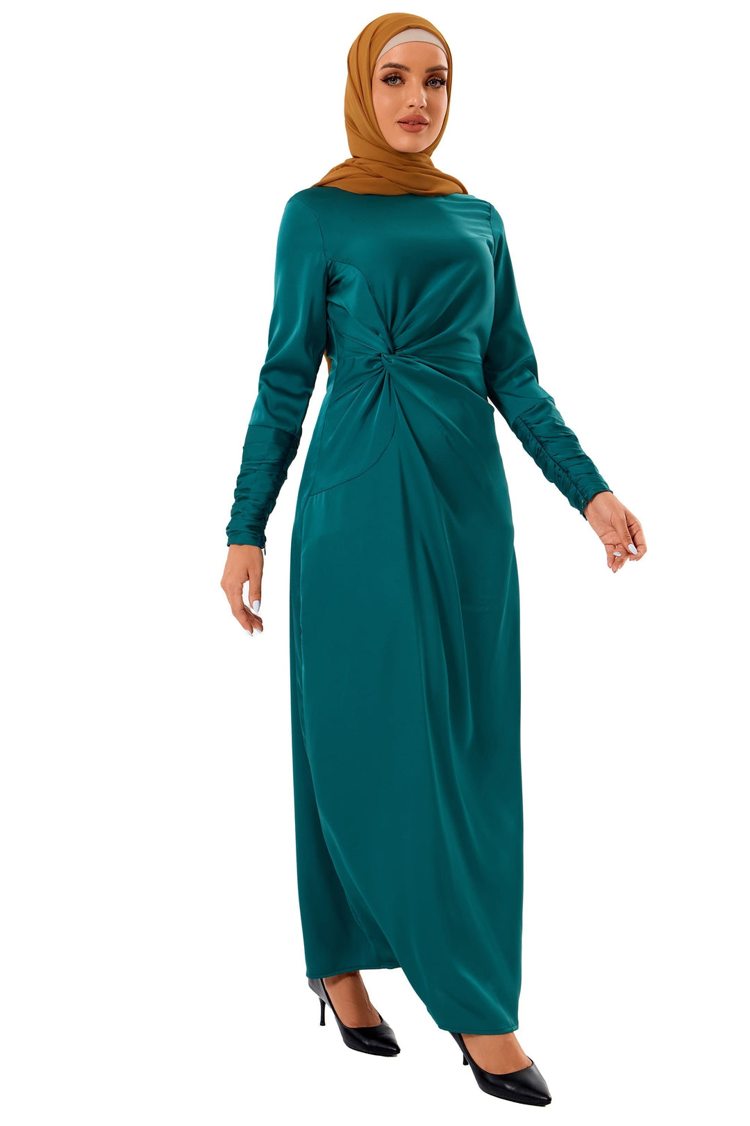 Urban Modesty - Satin Side Knot Ruched Sleeves Maxi Dress