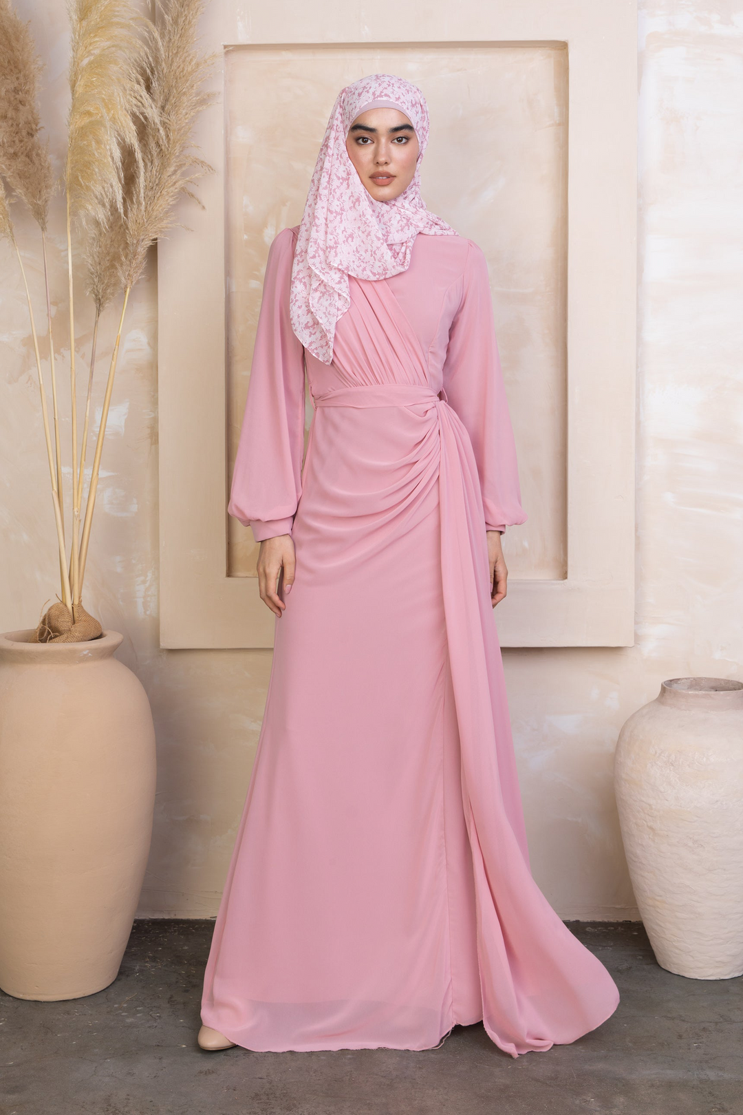 Side Draped Grecian Chiffon Long Sleeve Gown