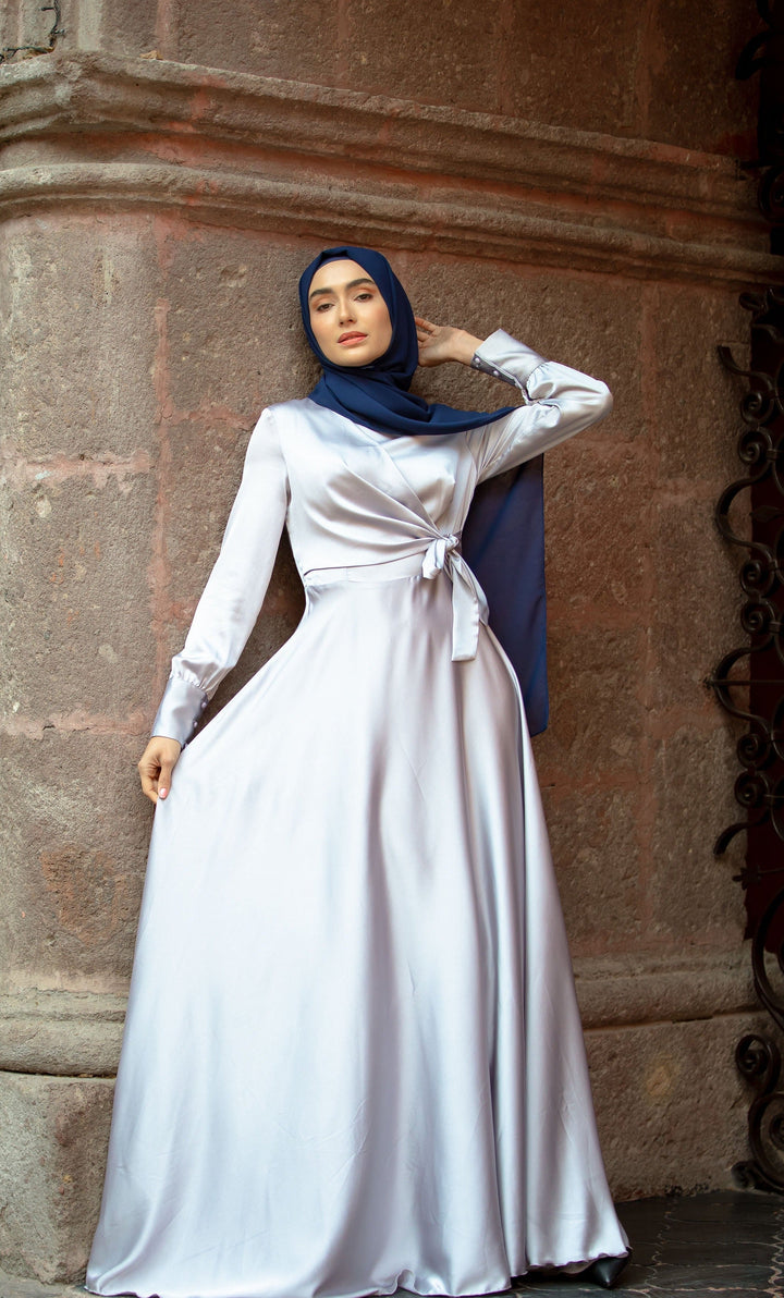Urban Modesty - Silver Diana Side Knot Satin Gown