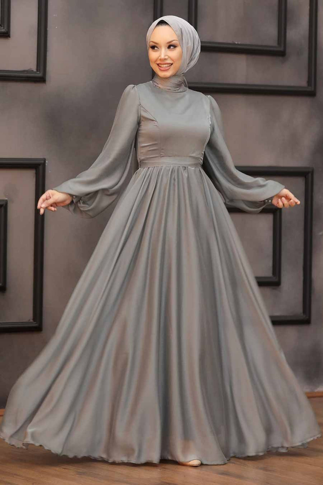Urban Modesty - Silver Inaya Satin Gown-CLEARANCE