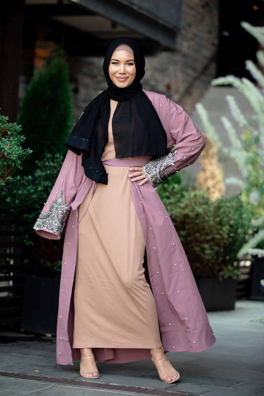 Urban Modesty - Silver Lace Mauve Open Front Abaya