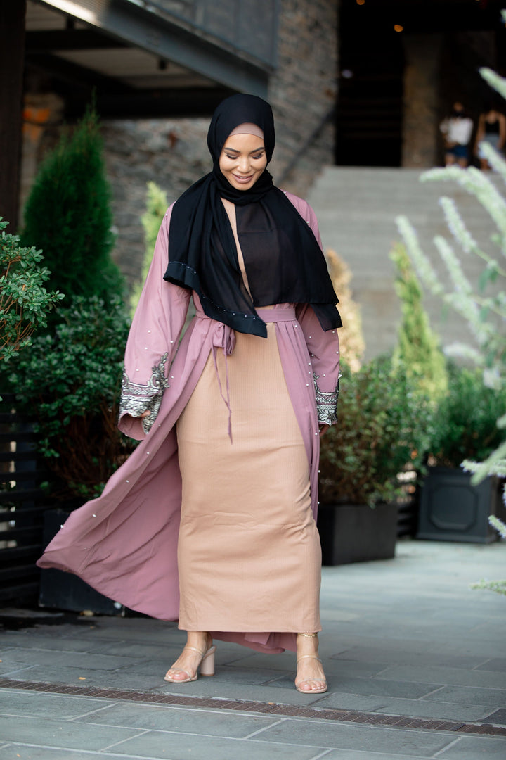 Silver Lace Mauve Open Front Abaya