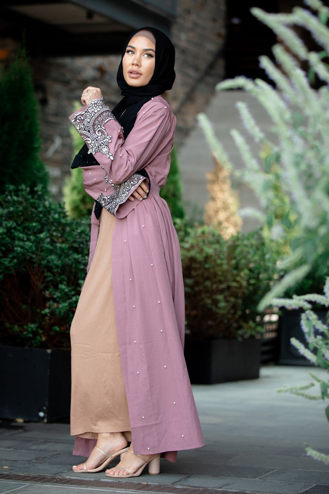 Urban Modesty - Silver Lace Mauve Open Front Abaya