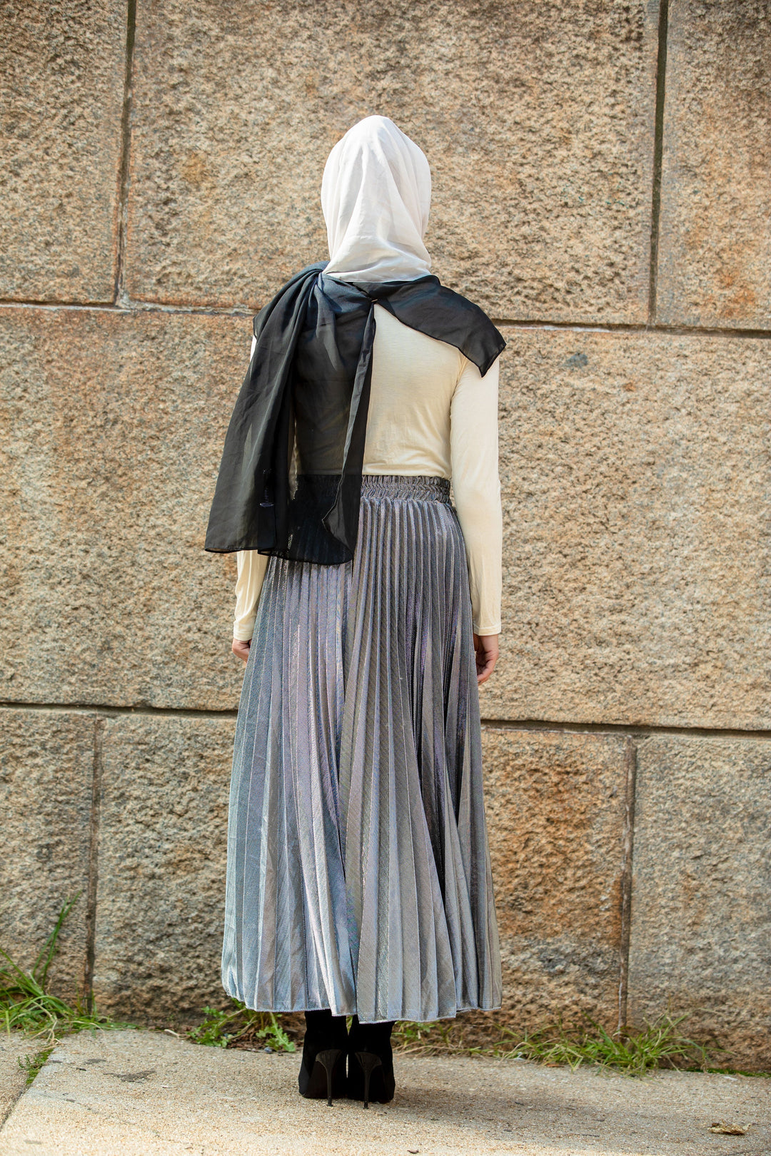 Urban Modesty - Silver Metallic Pleated Chiffon Maxi Skirt