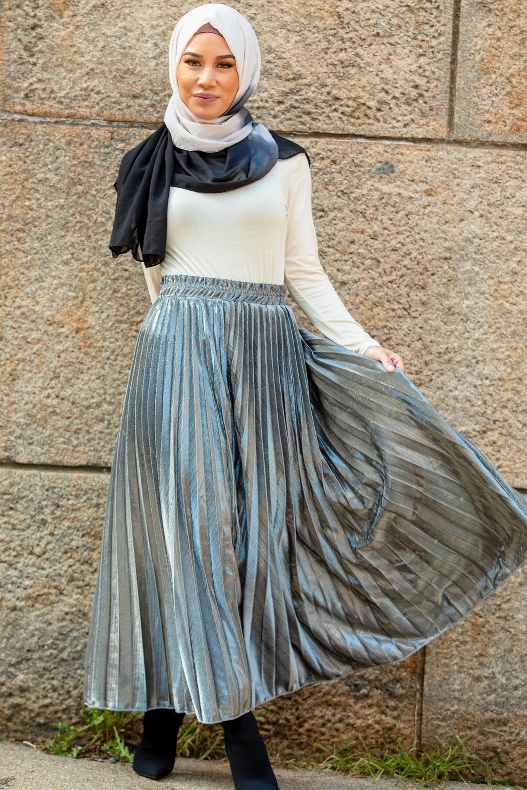 Urban Modesty - Silver Metallic Pleated Chiffon Maxi Skirt-CLEARANCE