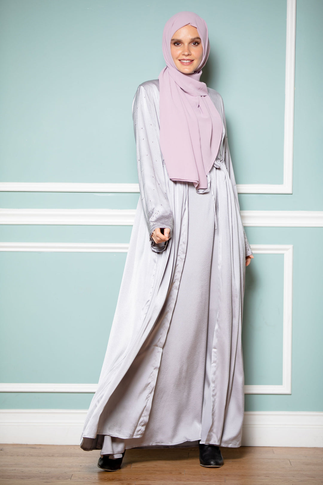 Urban Modesty - Silver Satin Drawstring Open Front Abaya-CLEARANCE