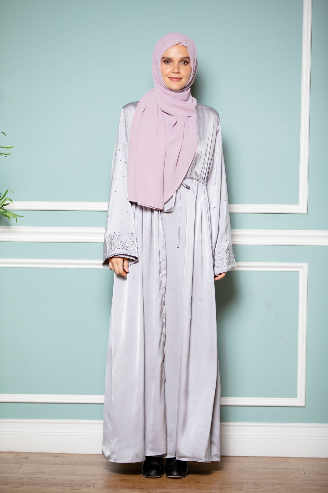 Urban Modesty - Silver Satin Drawstring Open Front Abaya-CLEARANCE
