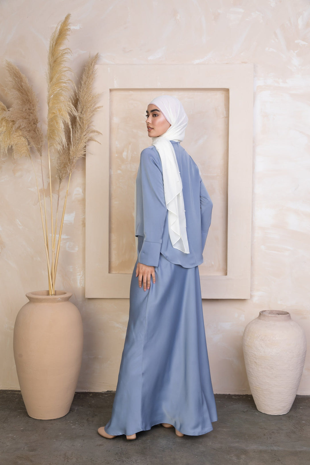 Urban Modesty - Sky Blue Satin Long Sleeve Skirt Set