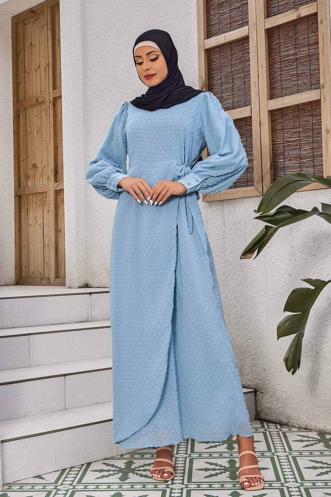 Urban Modesty - Sky Blue Side Wrap Bell Sleeve Maxi Dress