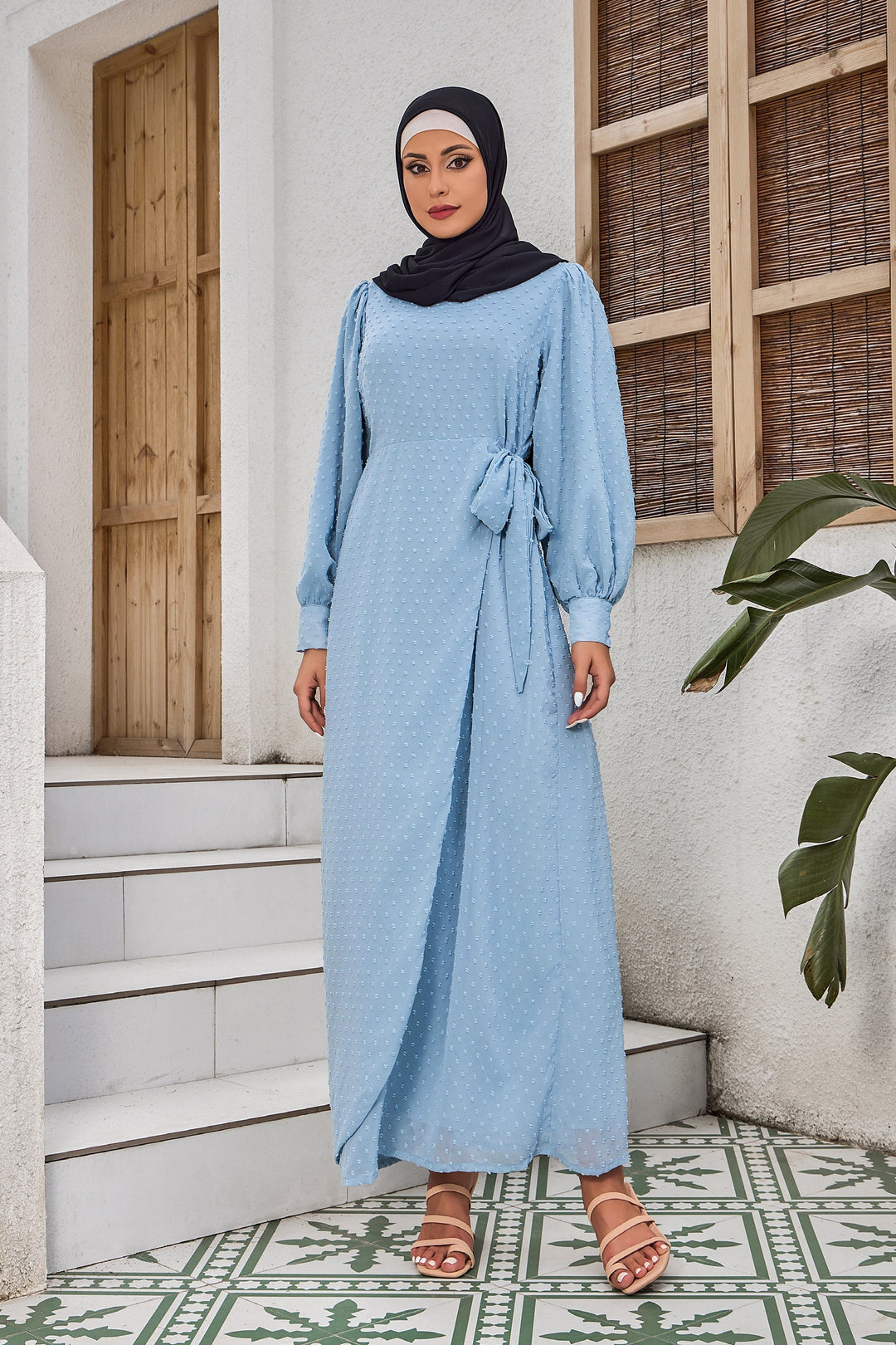 Urban Modesty - Sky Blue Side Wrap Bell Sleeve Maxi Dress