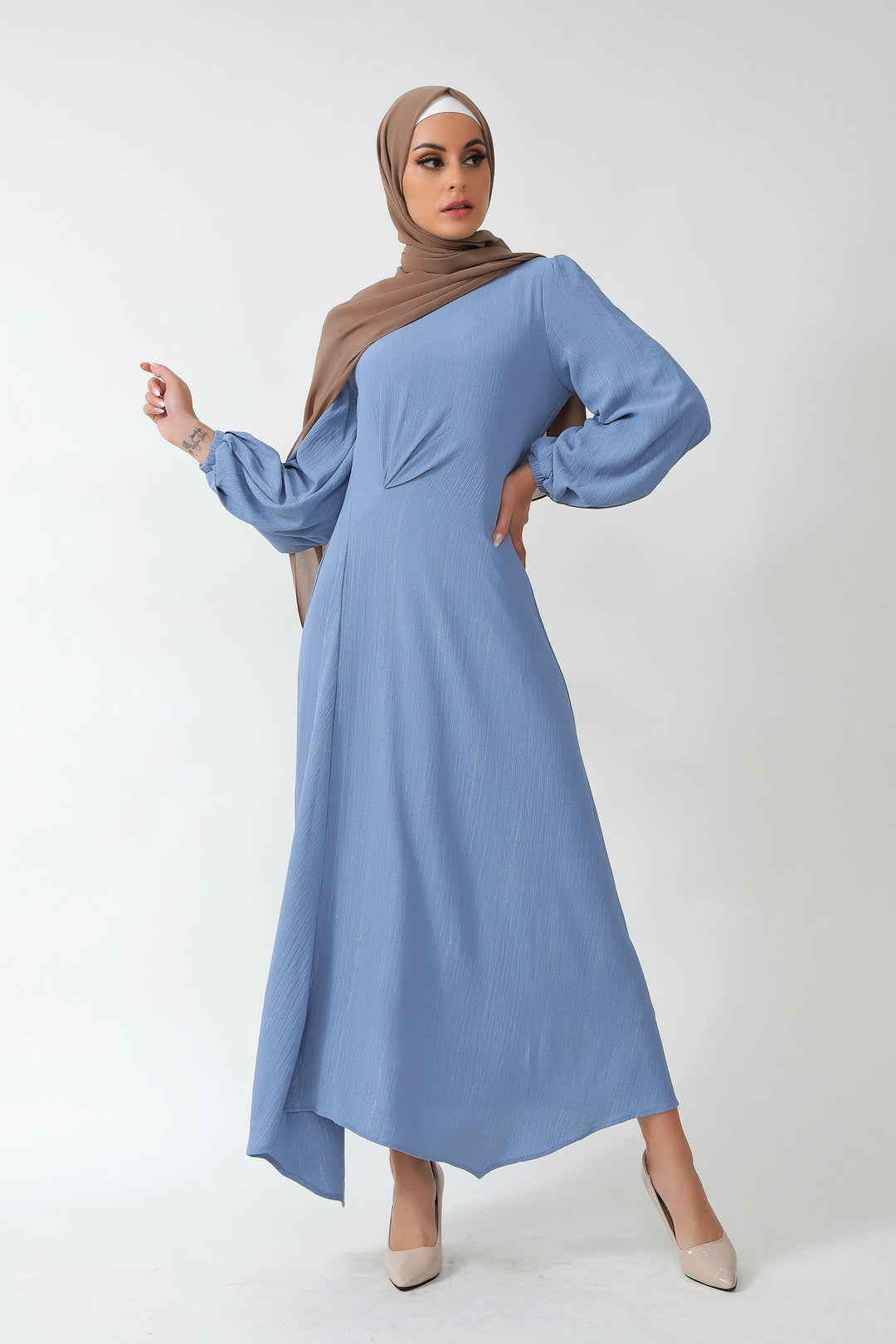 Urban Modesty - Something Blue Metallic Pinstripe Maxi Dress-CLEARANCE