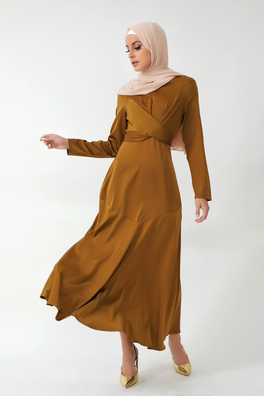 Urban Modesty - Spiced Criss Cross Satin Long Sleeve Maxi Dress