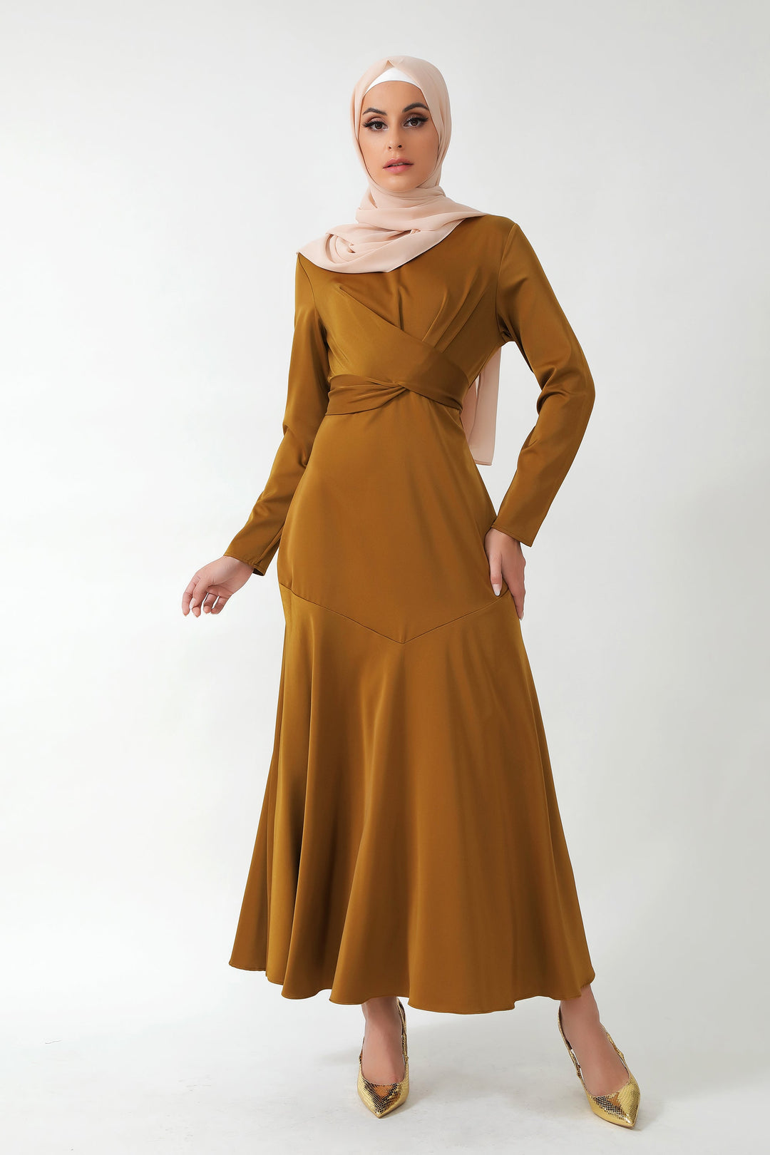 Urban Modesty - Spiced Criss Cross Satin Long Sleeve Maxi Dress