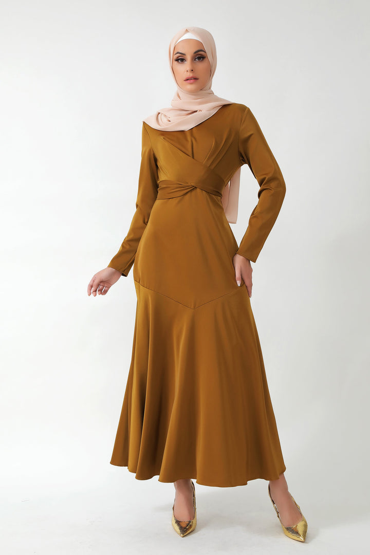 Urban Modesty - Spiced Criss Cross Satin Long Sleeve Maxi Dress