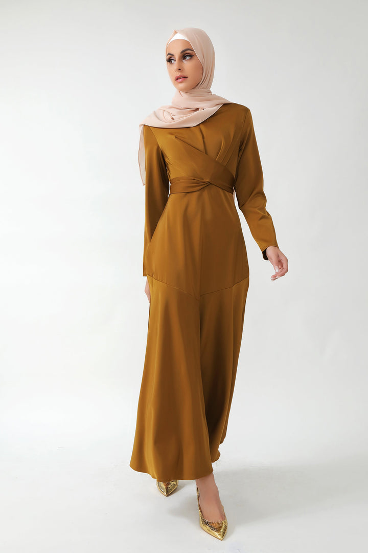 Urban Modesty - Spiced Criss Cross Satin Long Sleeve Maxi Dress