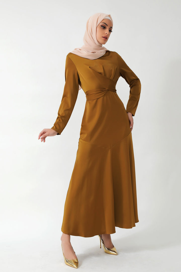 Urban Modesty - Spiced Criss Cross Satin Long Sleeve Maxi Dress