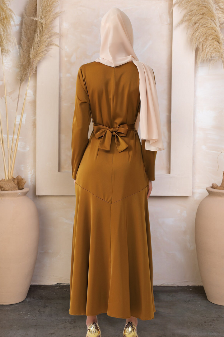 Urban Modesty - Spiced Criss Cross Satin Long Sleeve Maxi Dress