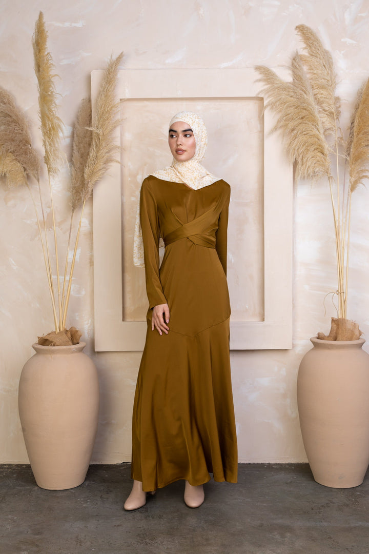 Urban Modesty - Spiced Criss Cross Satin Long Sleeve Maxi Dress