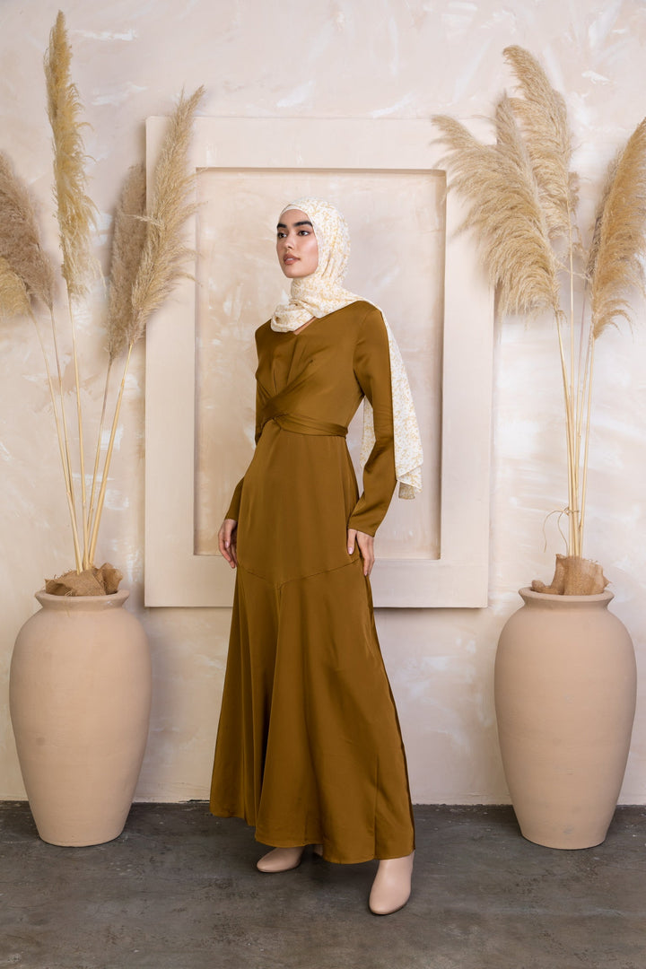 Urban Modesty - Spiced Criss Cross Satin Long Sleeve Maxi Dress