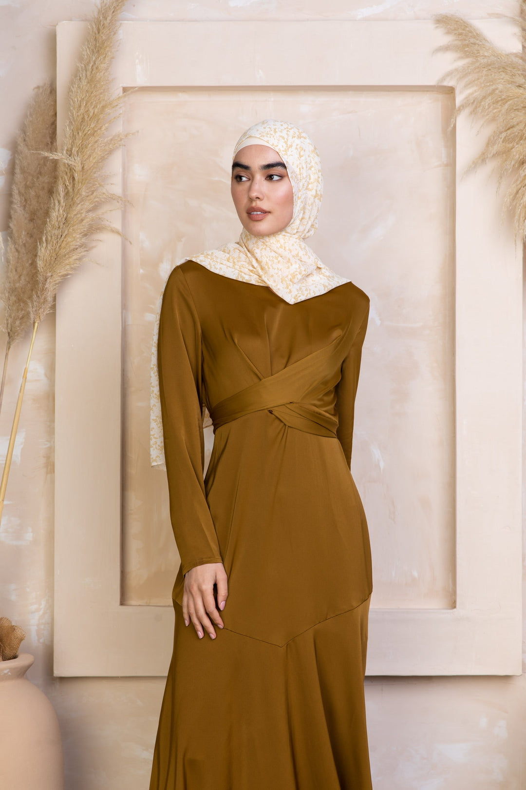 Urban Modesty - Spiced Criss Cross Satin Long Sleeve Maxi Dress