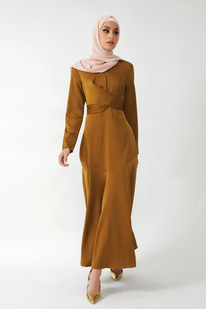 Urban Modesty - Spiced Criss Cross Satin Long Sleeve Maxi Dress