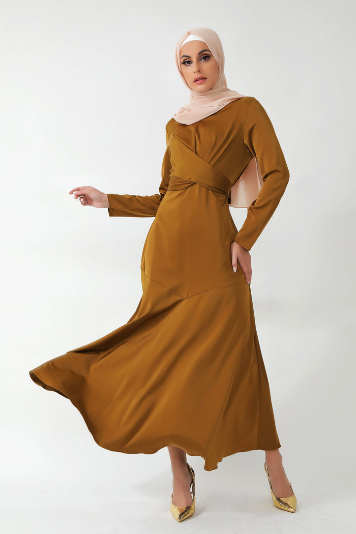 Urban Modesty - Spiced Criss Cross Satin Long Sleeve Maxi Dress