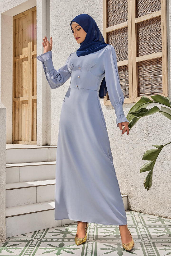 Urban Modesty - Steel Blue Button Down V-Neck Bell Sleeve Maxi Dress