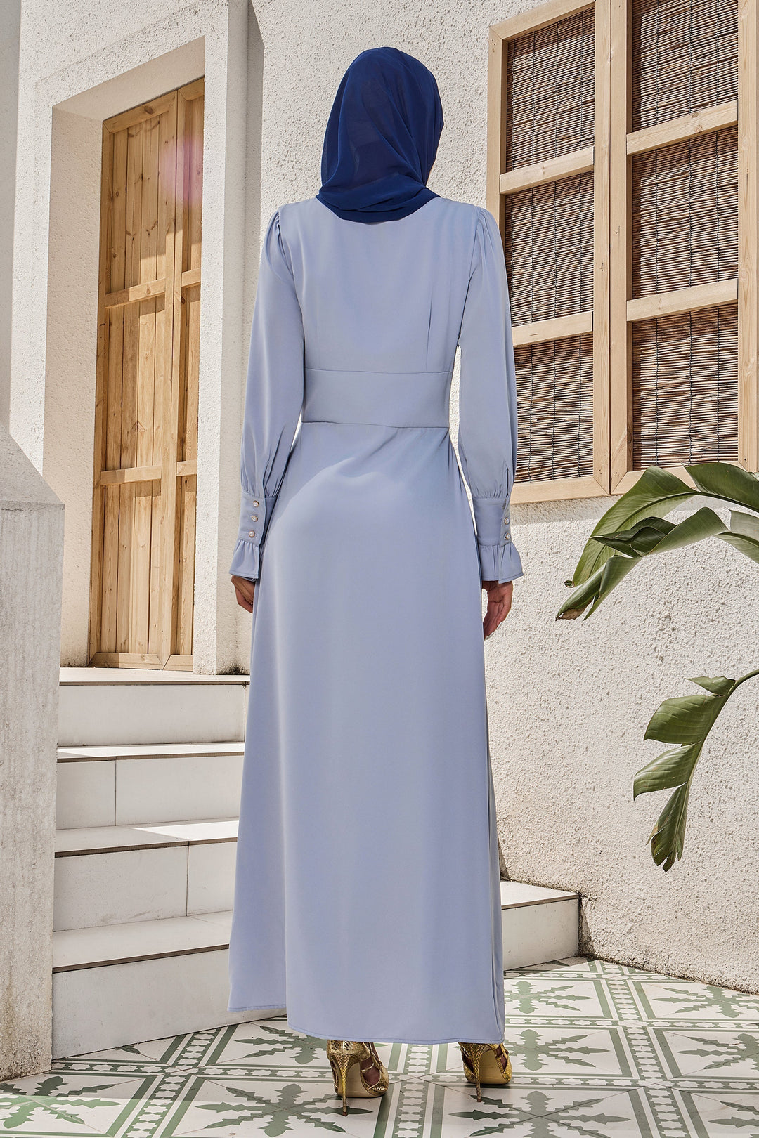 Urban Modesty - Steel Blue Button Down V-Neck Bell Sleeve Maxi Dress