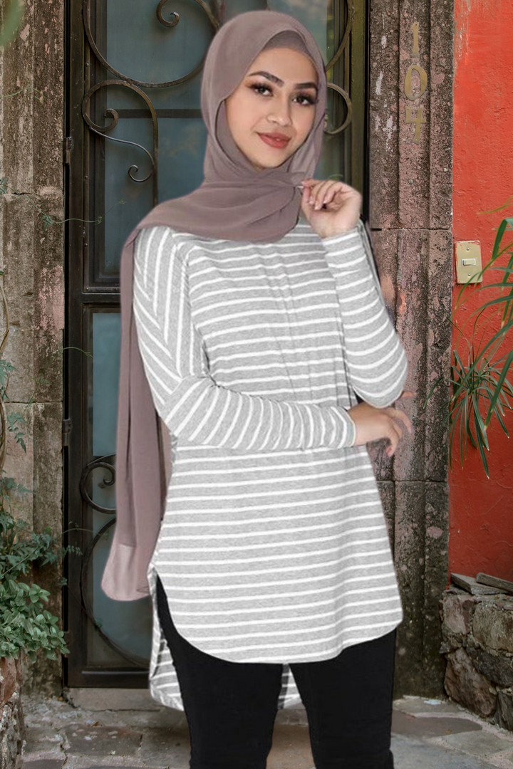 Urban Modesty - Striped Basic Long Sleeve Cotton Hi Lo Tunic