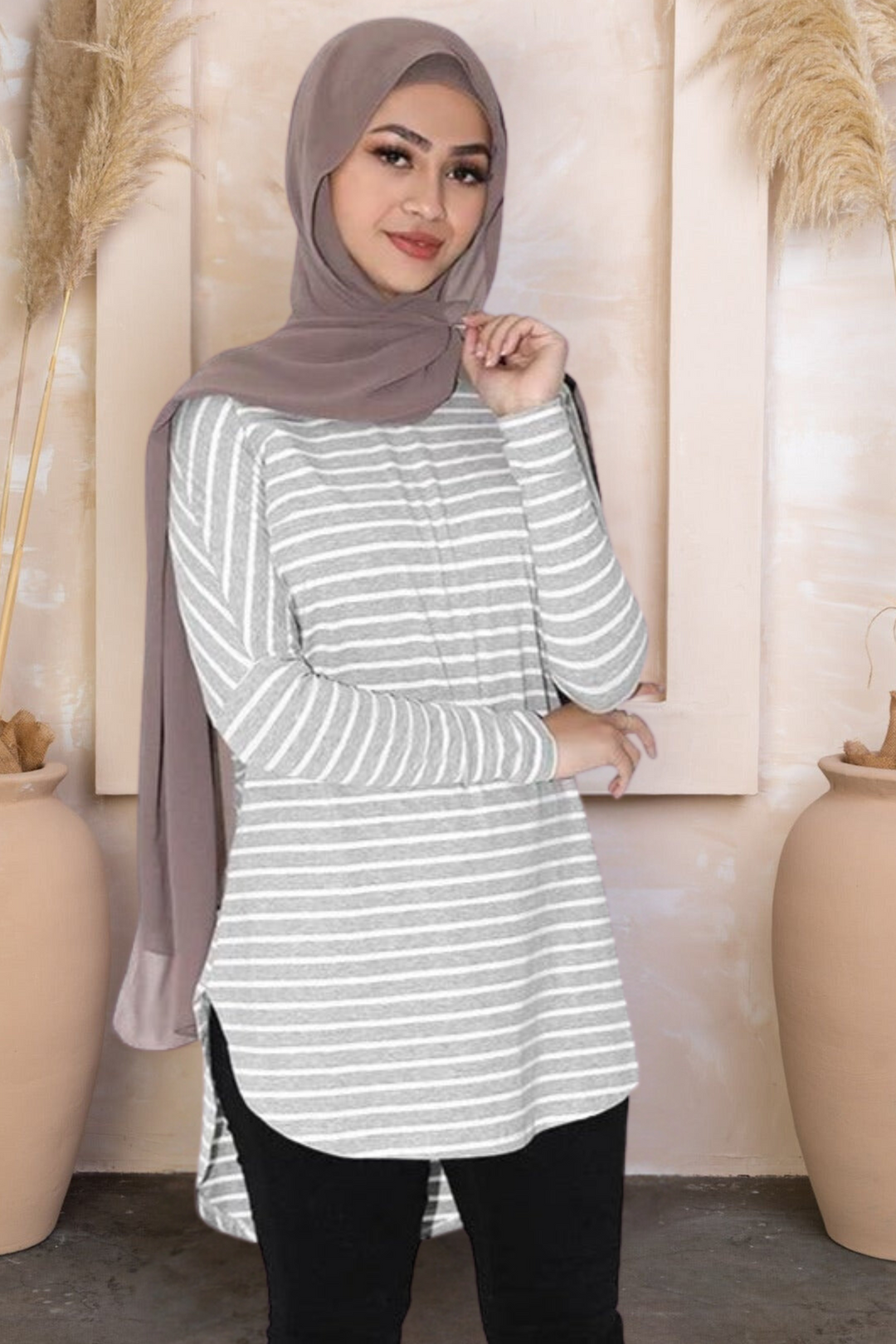 Urban Modesty - Striped Basic Long Sleeve Cotton Hi Lo Tunic