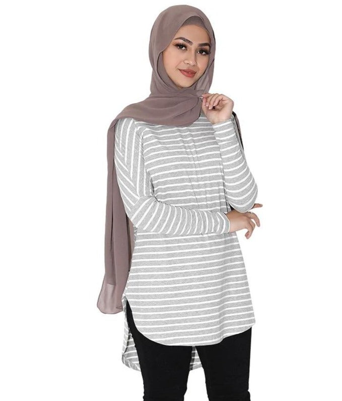 Urban Modesty - Striped Basic Long Sleeve Cotton Hi Lo Tunic