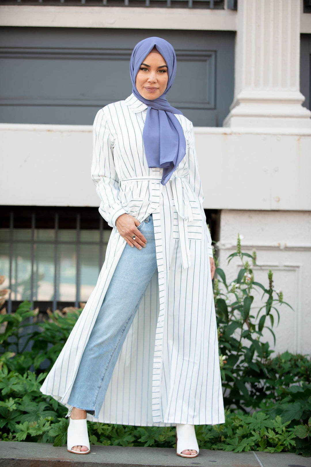 Urban Modesty - Striped Button Down Non-Sheer Maxi Cardigan