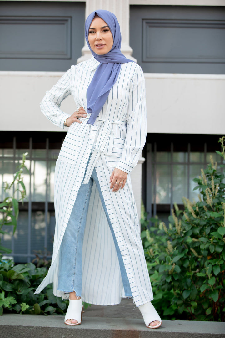 Urban Modesty - Striped Button Down Non-Sheer Maxi Cardigan