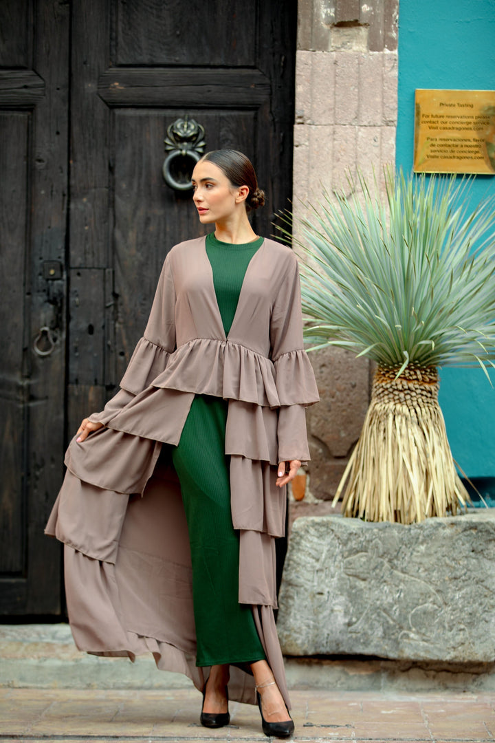 Urban Modesty - Taupe Cascading Ruffles Open Front Abaya