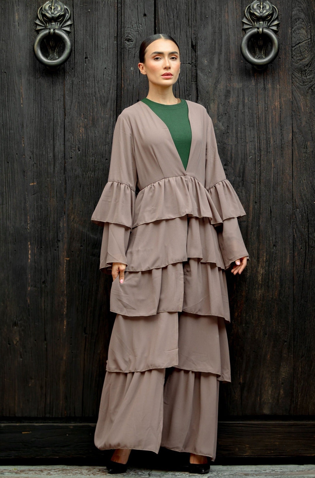 Urban Modesty - Taupe Cascading Ruffles Open Front Abaya