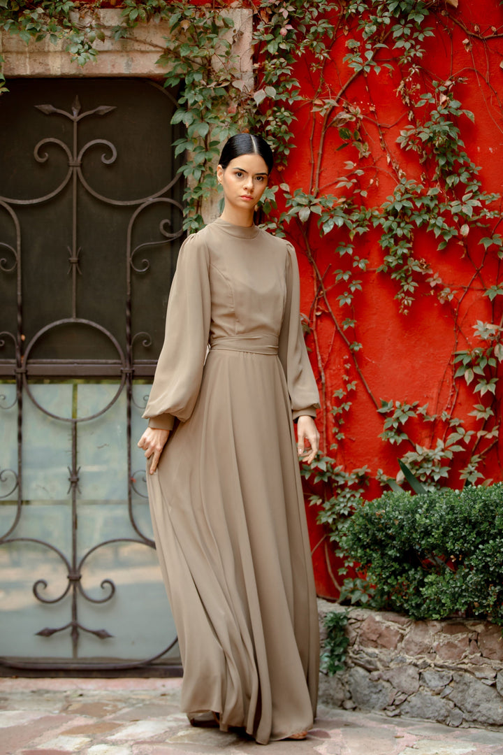 Urban Modesty - Taupe Chiffon Long Sleeve Maxi Dress