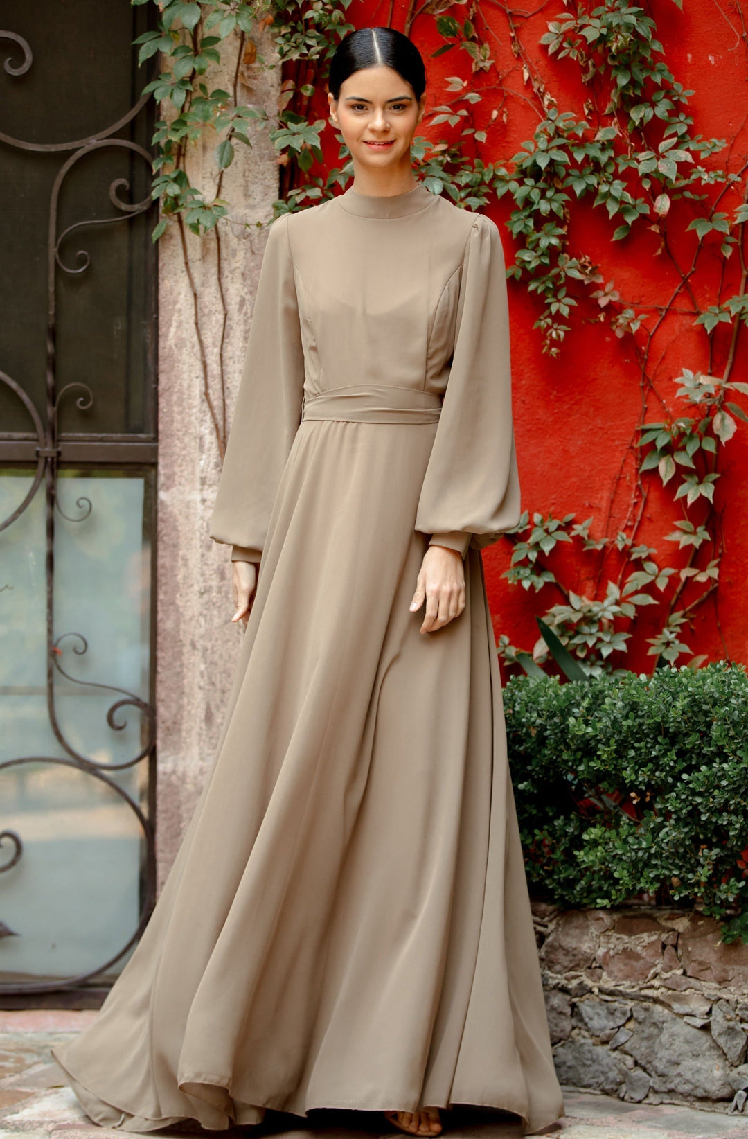 Urban Modesty - Taupe Chiffon Long Sleeve Maxi Dress