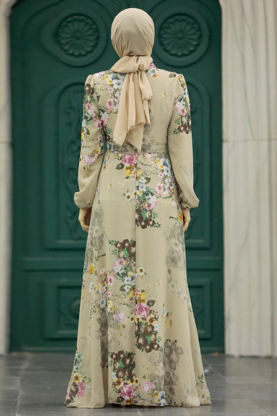 Urban Modesty - Taupe Floral Chiffon Long Sleeve Maxi Dress