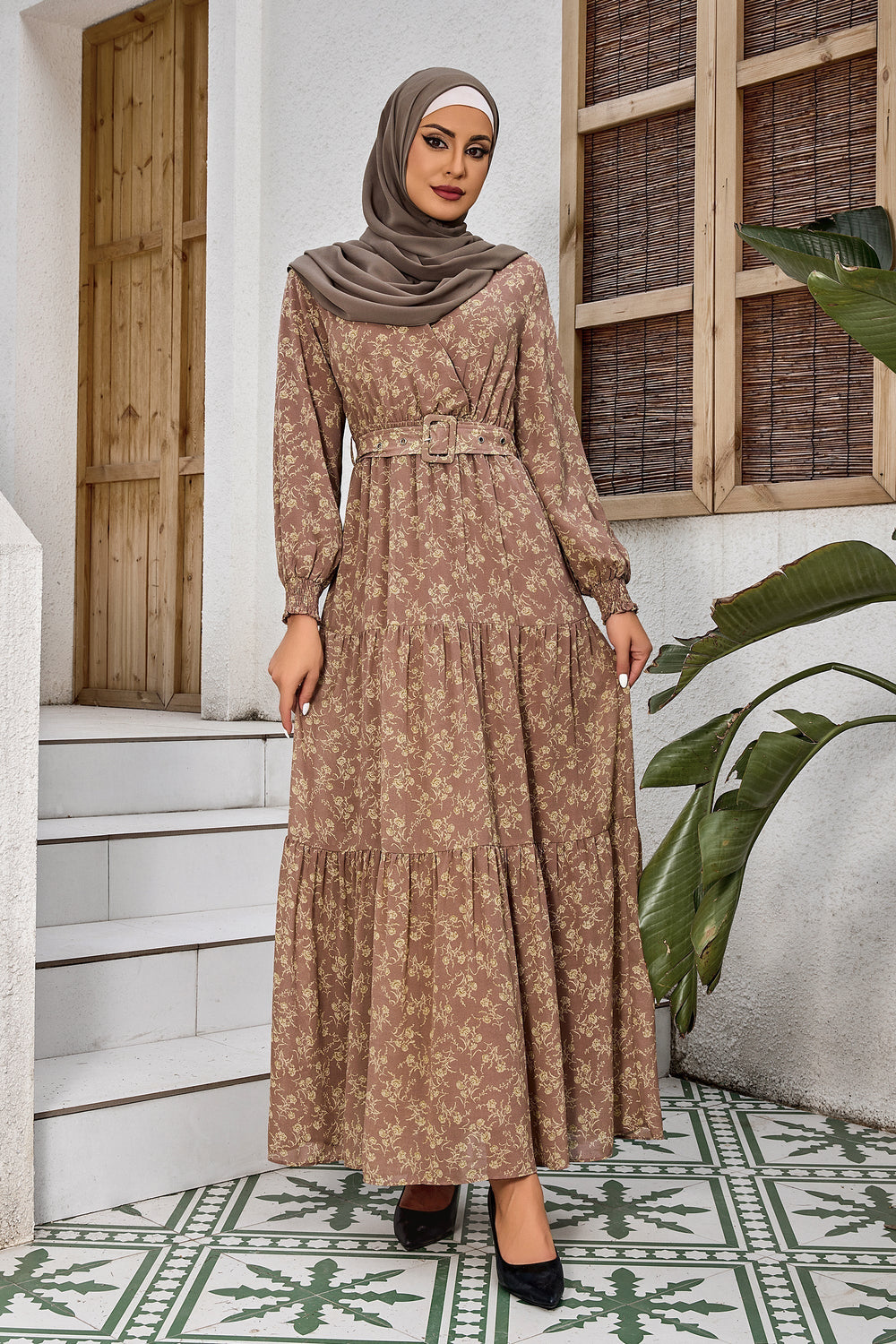Urban Modesty - Taupe Floral Tiered Maxi Dress With Sleeves-CLEARANCE