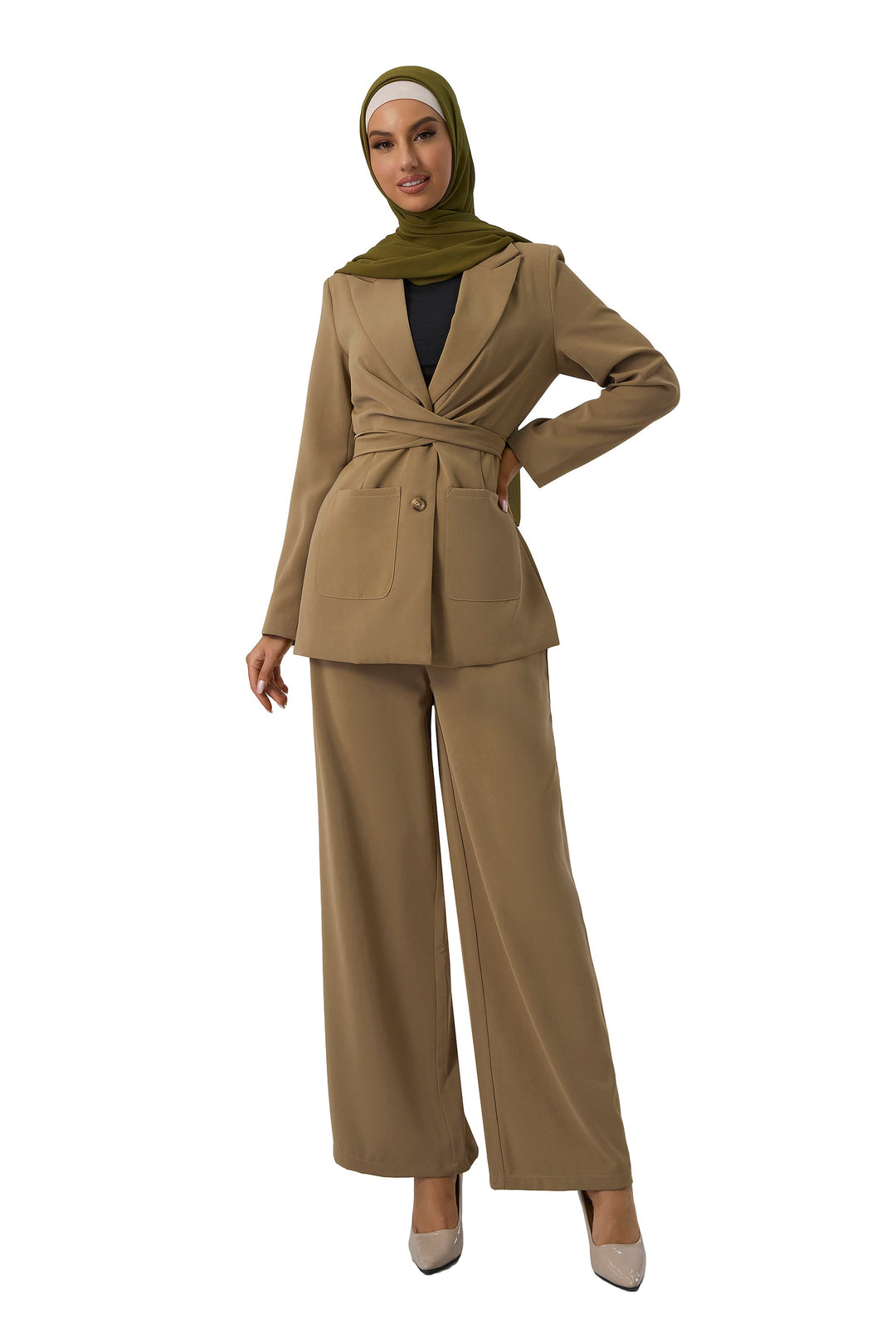 Urban Modesty - Taupe Jacket and Pants Suit