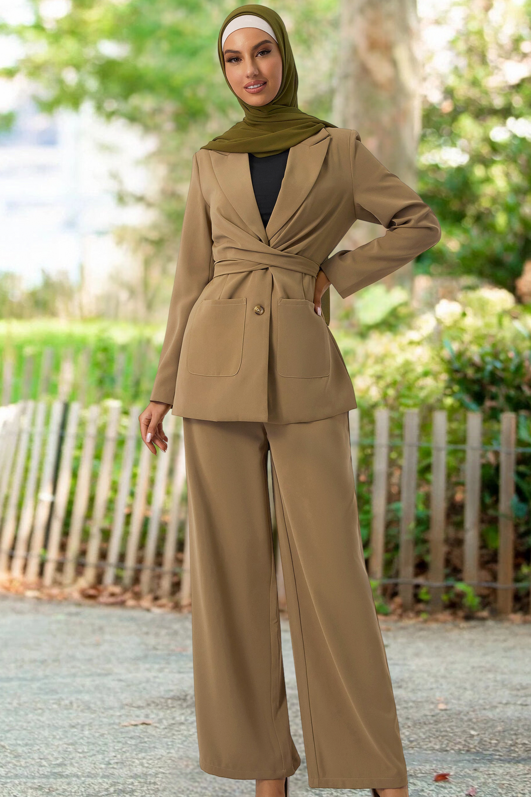 Urban Modesty - Taupe Jacket and Pants Suit Set